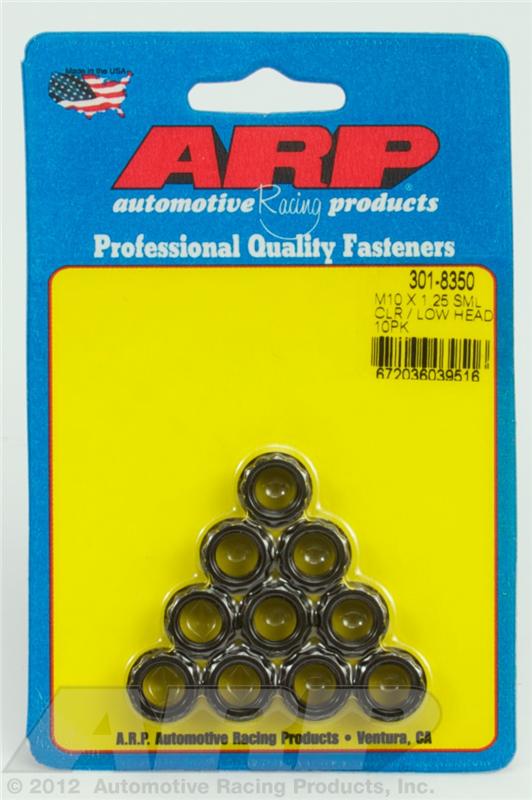 ARP M10x1.25 small chrome and black low head 12-point nut kit, includes 10 chrome moly nuts with detailed 12PT design.