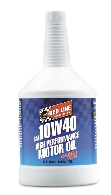 Red Line 10W40 motor oil quart container, high-performance motor oil for vehicle engine lubrication and maintenance.