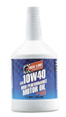 Red Line 10W40 motor oil quart container, high-performance motor oil for vehicle engine lubrication and maintenance.