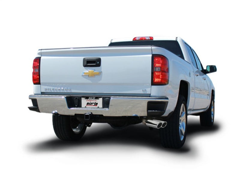 Borla catback exhaust system for Chevy Silverado 1500, featuring dual rolled side exit tips and stainless steel finish.