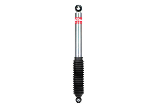 Eibach rear Pro-Truck Sport shock absorber installed on a 2019 Chevrolet Silverado 1500, showing the chrome finish and mounting components.