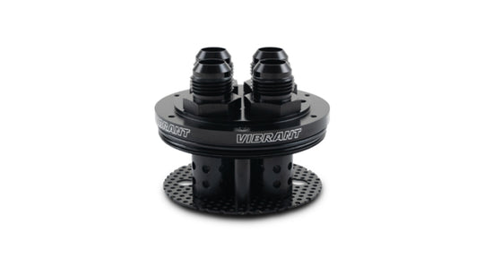 Vibrant 4-port catch can lid assembly for oil catch cans, shown in close-up with black finish and multiple port openings.