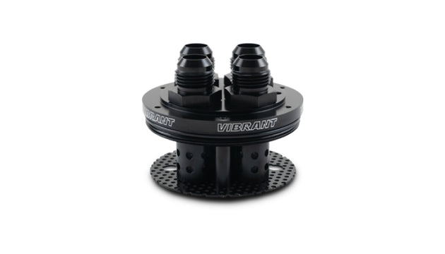 Vibrant 4-port catch can lid assembly for oil catch cans, shown in close-up with black finish and multiple port openings.