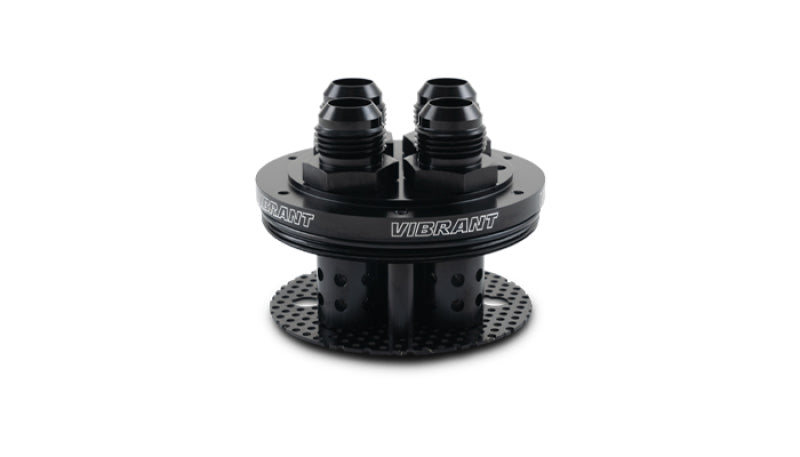 Vibrant 4-port catch can lid assembly for oil catch cans, shown in close-up with black finish and multiple port openings.