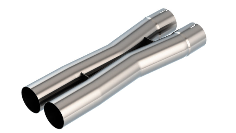 Borla 3.0-inch universal X-pipe with 4.43-inch inlet and 3.51-inch outlet, showing the metal pipe with centerline measurements.