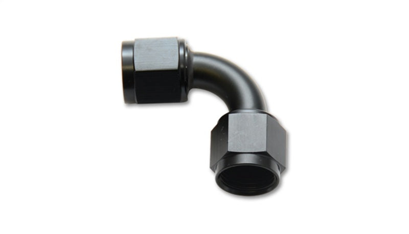 Vibrant black 16AN female 90-degree union adapter fitting with anodized finish, designed for high-performance automotive and racing applications.