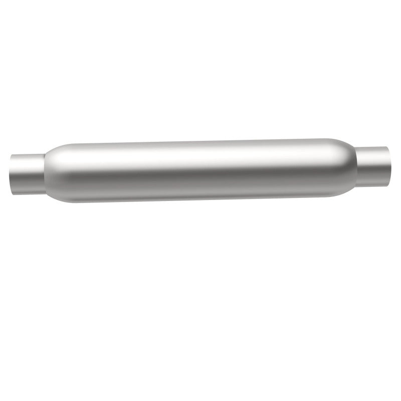MagnaFlow muffler with 3.5-inch diameter and 18-inch length, featuring dual 2.25-inch inlet and outlet pipes, stainless steel finish
