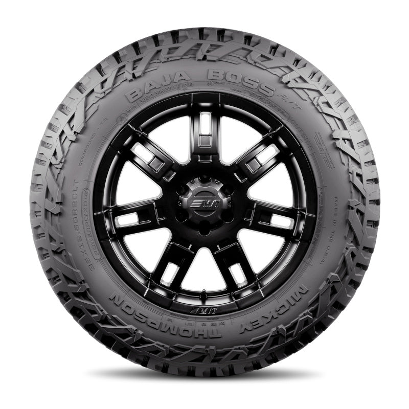 Mickey Thompson Baja Boss A/T tire mounted on 18-inch wheel, featuring rugged tread for on-road UTV and SUV performance.