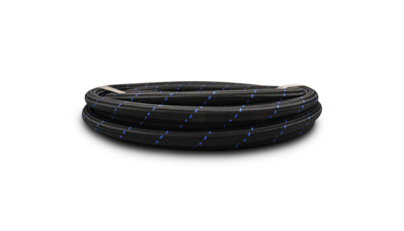 Vibrant -10 AN two-tone black and blue nylon braided flex hose, 5-foot length, durable automotive fluid transfer hose.