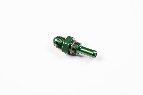 Radium Engineering 5/16-inch barb to 6AN bulkhead fitting showing metal fitting with threaded ends and rubber sealing area