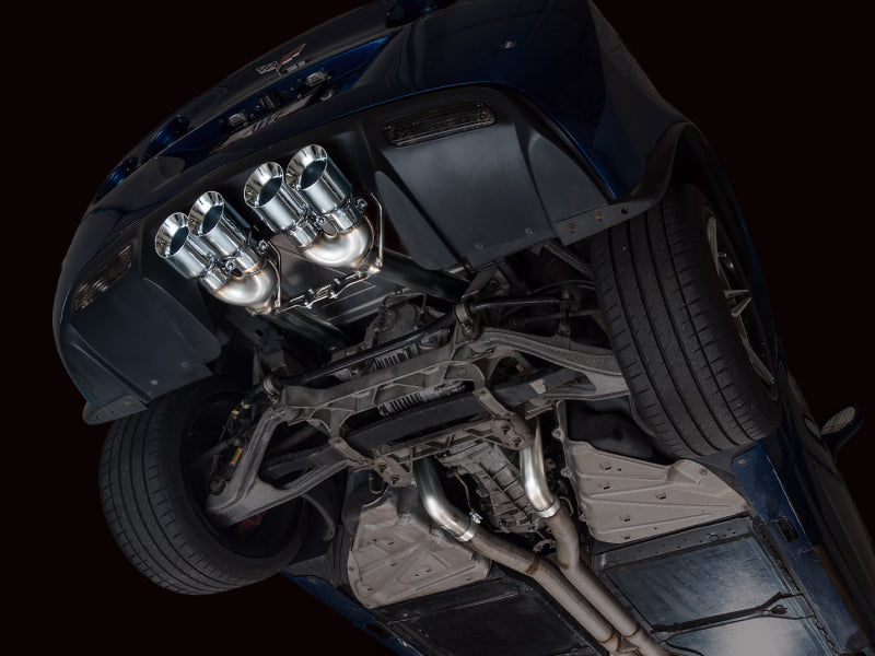 AWE Tuning C6 Corvette Z06/ZR1 axle-back exhaust with chrome silver tips, showcasing polished stainless steel finish and dual exhaust tips.