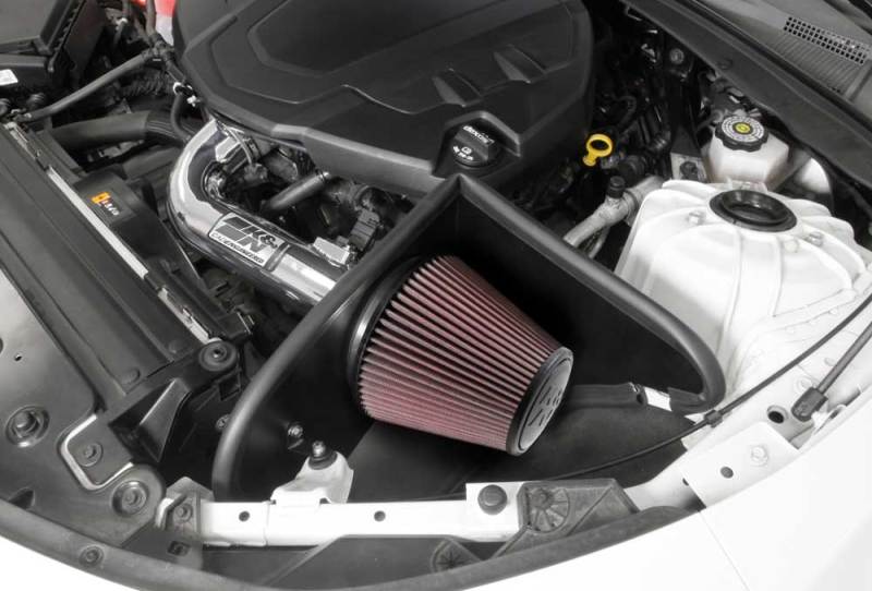 K&N Engineering silver Typhoon short ram cold air intake for 2016-2017 Chevy Camaro 3.6L engine with polished metal components