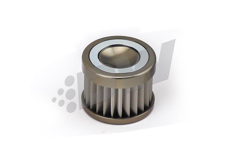 DeatschWerks stainless steel 100 micron universal fuel filter element designed for 70mm filter housings, showing the mesh filter in the image.