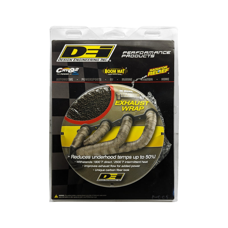 DEI Titanium Exhaust Wrap 1in x 50ft, heat-resistant sleeve for automotive exhaust systems, shown in the image.