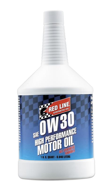 Red Line 0W30 motor oil quart container, high-performance motor oil for engine lubrication and maintenance.