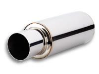 Vibrant TPV Turbo Round Muffler with 4-inch round tip, straight cut, 23-inch length, 3-inch inlet diameter, shown from side view.