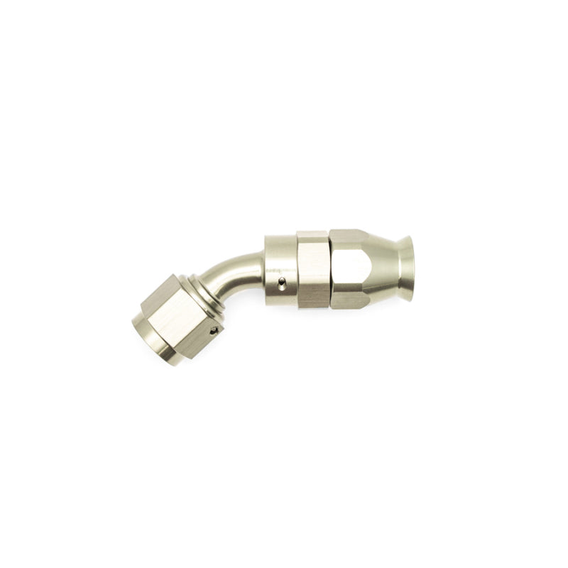 DeatschWerks 6AN female swivel 45-degree hose end fitting with PTFE liner and olive insert for fuel or oil lines.