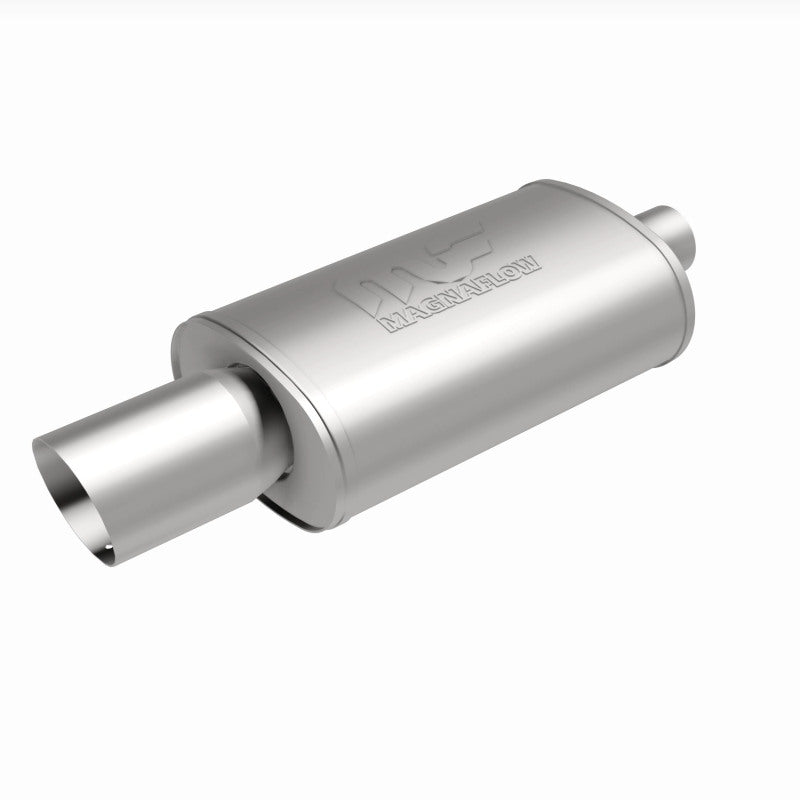 MagnaFlow stainless steel muffler with tip, 14x5x8 inches, featuring dual inlet and outlet pipes, designed for automotive exhaust systems.