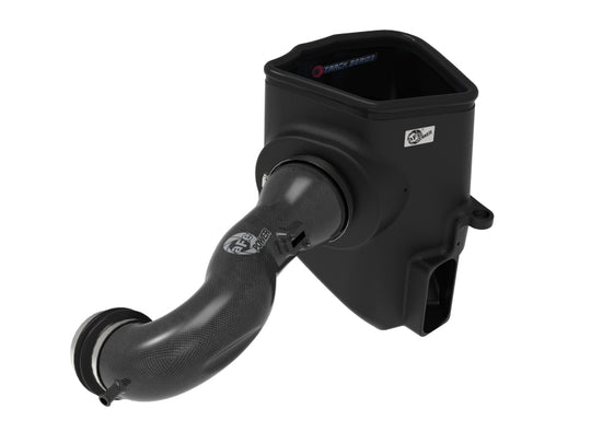 aFe 19-20 GM trucks 5.3L/6.2L Track Series carbon fiber cold air intake system with Pro 5R filters installed on engine bay