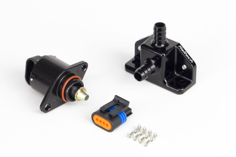 Haltech billet 2 port housing with screw-style motor idle air control kit for engine hardware, showing detailed metal components.
