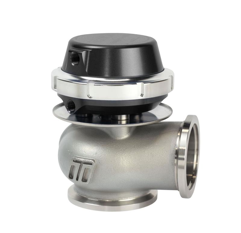 Black Turbosmart Gen4 CompGate40 wastegate with 14psi boost pressure, featuring a compact design and adjustable actuator.
