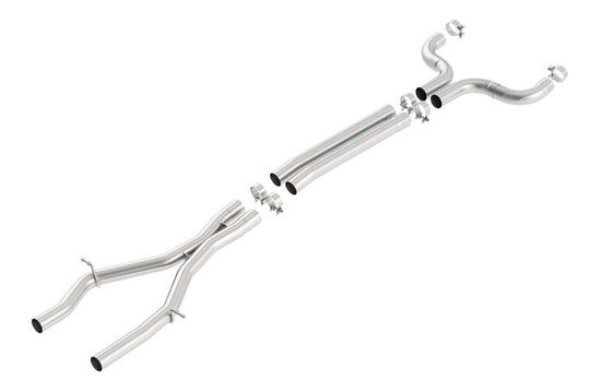 Borla X-pipe with mid pipes for 2016 Chevy Camaro SS 6.2L V8 engine, showing the polished metal exhaust components.