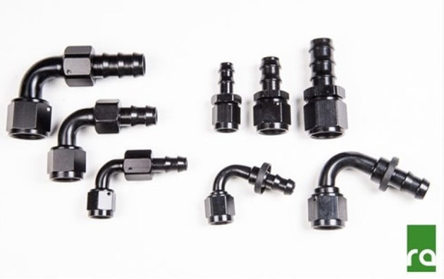 Radium Engineering Pushlok hose end fitting, 10AN, 60-degree angle, for high-performance fuel or oil hose connections.