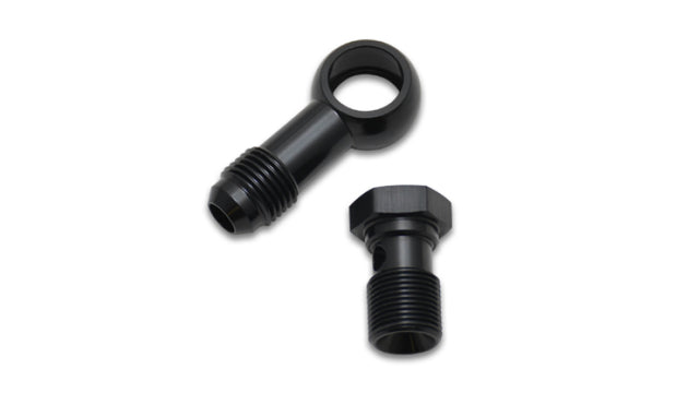 Vibrant Single -6AN 3/8-20 aluminum male banjo adapter fitting with bright finish, designed for high-performance automotive fluid connections.