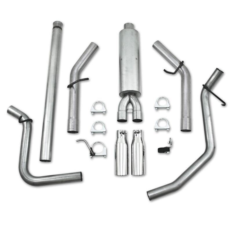 MBRP cat back dual split side exhaust system for 2009 Chevy/GMC 1500 4.8/5.3L EC/CC trucks, excluding 8 bed models.