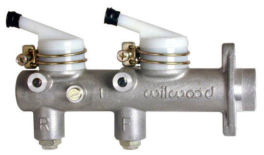 Wilwood tandem brake master cylinder with 1-inch bore and remote reservoirs, used for vehicle braking systems.