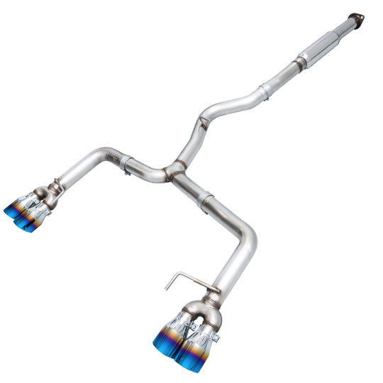 AWE Tuning 12-14 Subaru WRX STI Sedan Track Edition catback exhaust with vapor blue quad tips, showing the sleek exhaust pipes and tips.