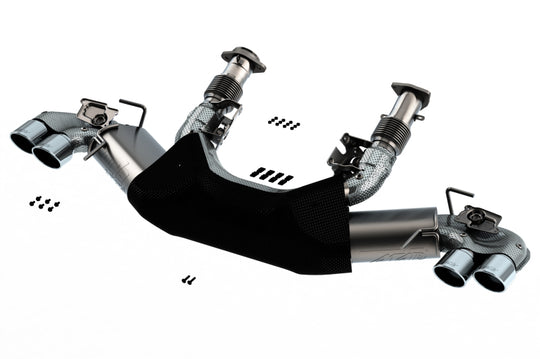 Borla catback exhaust system for 2020 Chevrolet Corvette C8 with dual round A/C tips, 3-inch diameter, polished finish.