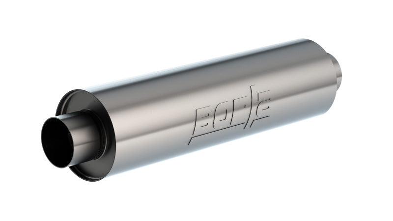 Borla universal muffler with 6.75x24 inch dimensions, 3.53 inch I.D., un-notched, 29-inch overall length, shown in image.