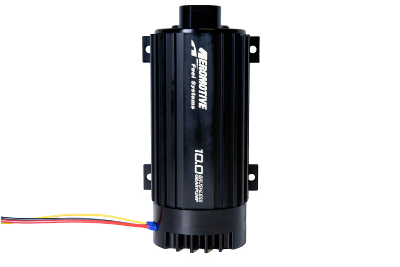 Aeromotive TVS In-Line Brushless Spur 10.0 external fuel pump with compact design and durable metal construction.