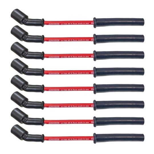 Moroso GM GenV LT1/LT4 5.3L/6.2L/6.6L Ultra 40 8.5mm multi-angle red spark plug wire set with boots and connectors.