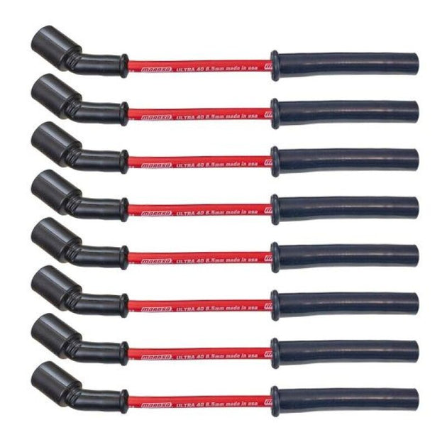 Moroso GM GenV LT1/LT4 5.3L/6.2L/6.6L Ultra 40 8.5mm multi-angle red spark plug wire set with boots and connectors.