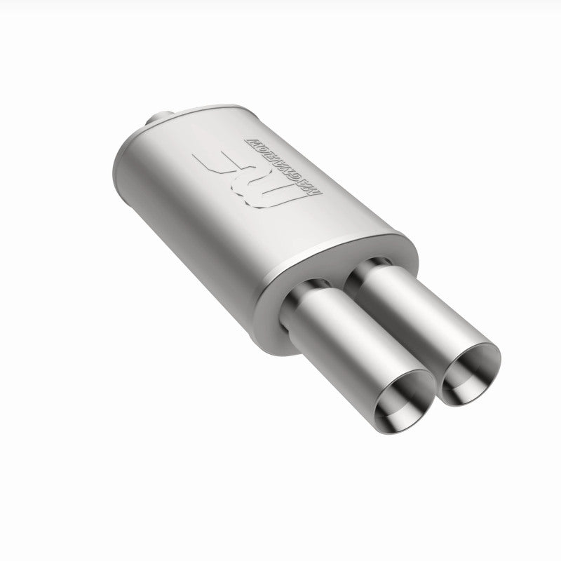 MagnaFlow stainless steel muffler with tip, 14x5x8 inches, featuring dual inlet and outlet pipes, designed for vehicle exhaust systems.