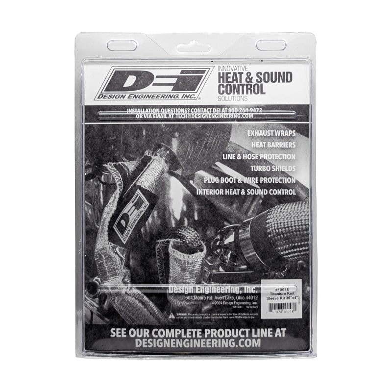 DEI Titanium 4-inch knit exhaust wrap sleeve, 36 inches long, designed for high-temperature exhaust system insulation.