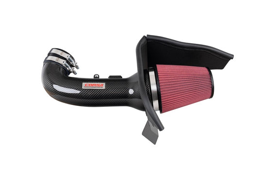 Chevrolet Camaro SS 6.2L V8 Cold Air Intake by CORSA Performance with carbon fiber open element for enhanced engine airflow.