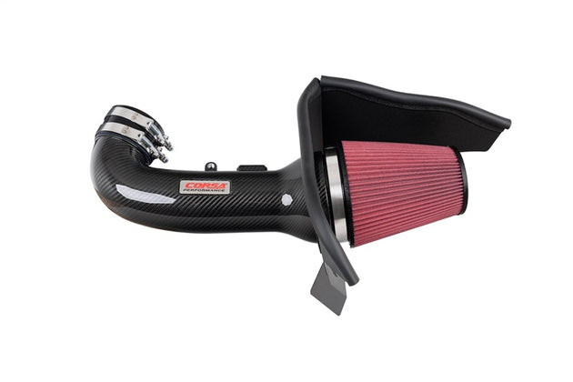 Chevrolet Camaro SS 6.2L V8 Cold Air Intake by CORSA Performance with carbon fiber open element for enhanced engine airflow.