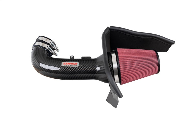 Chevrolet Camaro SS 6.2L V8 Cold Air Intake by CORSA Performance with carbon fiber open element for enhanced engine airflow.