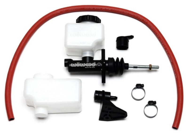 Wilwood short remote brake master cylinder with 7/8-inch bore and 3/8-inch-24 banjo outlet, shown with mounting hardware.
