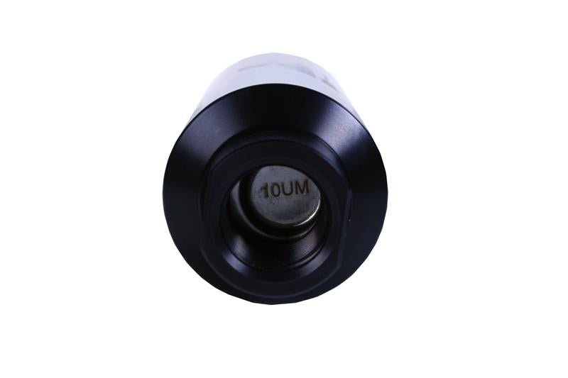 Aeromotive inline fuel filter with AN-12 ORB fitting and 10 micron microglass element for automotive fuel filtration.