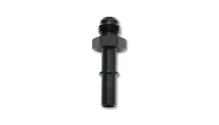 Vibrant -6AN to 5/16 inch hose barb push-on EFI adapter fitting for fuel system connections, black metal finish.