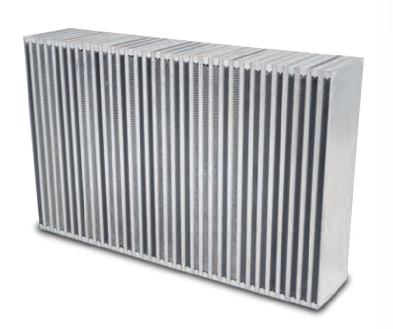 Vibrant vertical flow intercooler core with 24-inch width, 12-inch height, and 3.5-inch thickness, showcasing fin and tube design