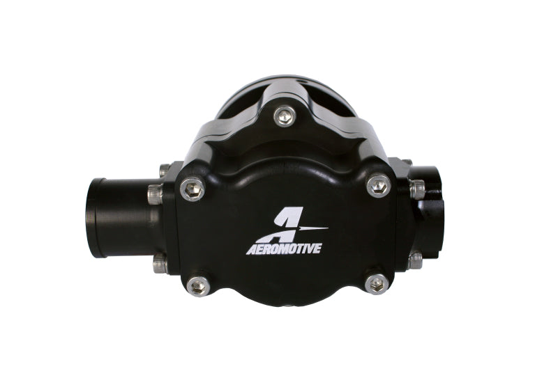 Aeromotive Atomic Hex Drive Fuel Pump for high-performance fuel delivery, shown in a close-up with hex drive connection and metal casing.