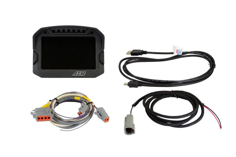 AEM CD-5LG Carbon Logging Digital Dash Display gauge showing internal 10Hz GPS and antenna, with a sleek carbon design.