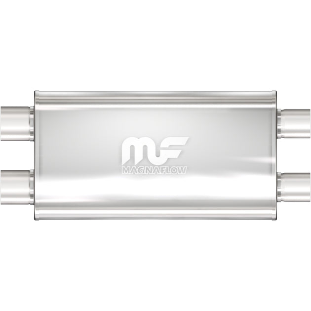 MagnaFlow Mag SS muffler with 22x5x11 inch dimensions, featuring 2.5-inch inlet and outlet pipes, stainless steel construction.