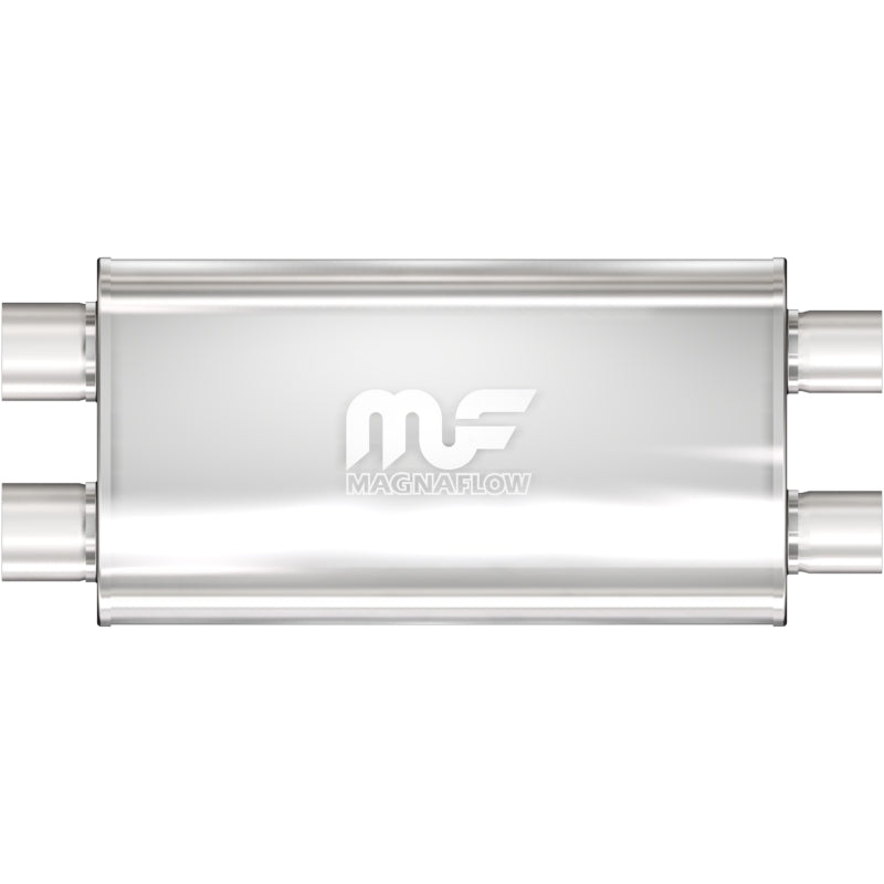 MagnaFlow Mag SS muffler with 22x5x11 inch dimensions, featuring 2.5-inch inlet and outlet pipes, stainless steel construction.