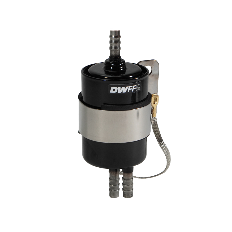 DeatschWerks 10 Micron 3/8 inch barb fuel filter regulator with stainless steel body in black, designed for fuel system regulation